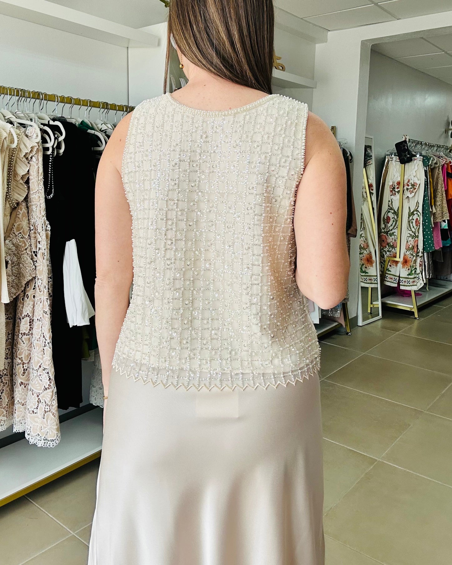 Ivory Pearls/ Silver Beads Top