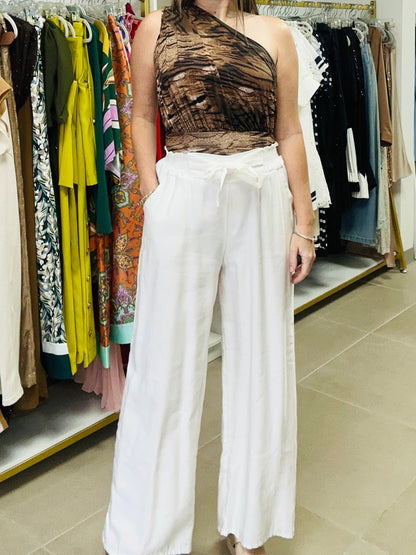 One Shoulder Brown Print Top