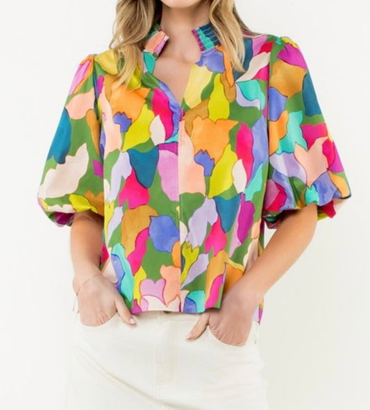 Colorful Puff Sleeve  Top - PLUS