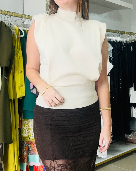 Ivory Padded Shoulder Mock Neck Top