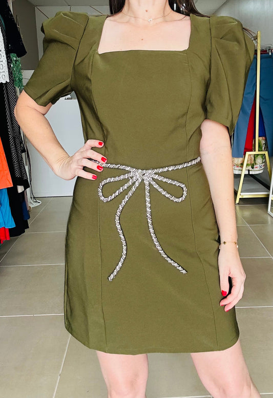 Olive Puff Sleeve Short Dress