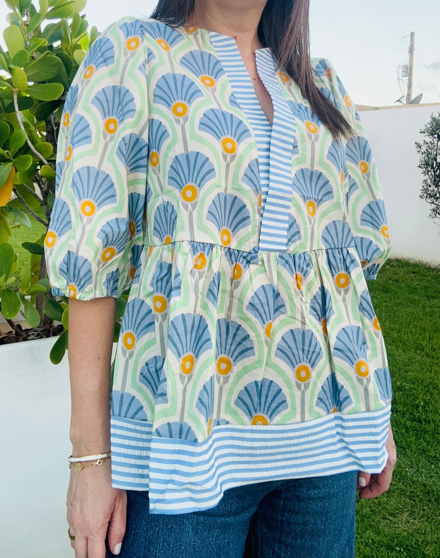 Blue Stripes Contrast Half Sleeve TOP