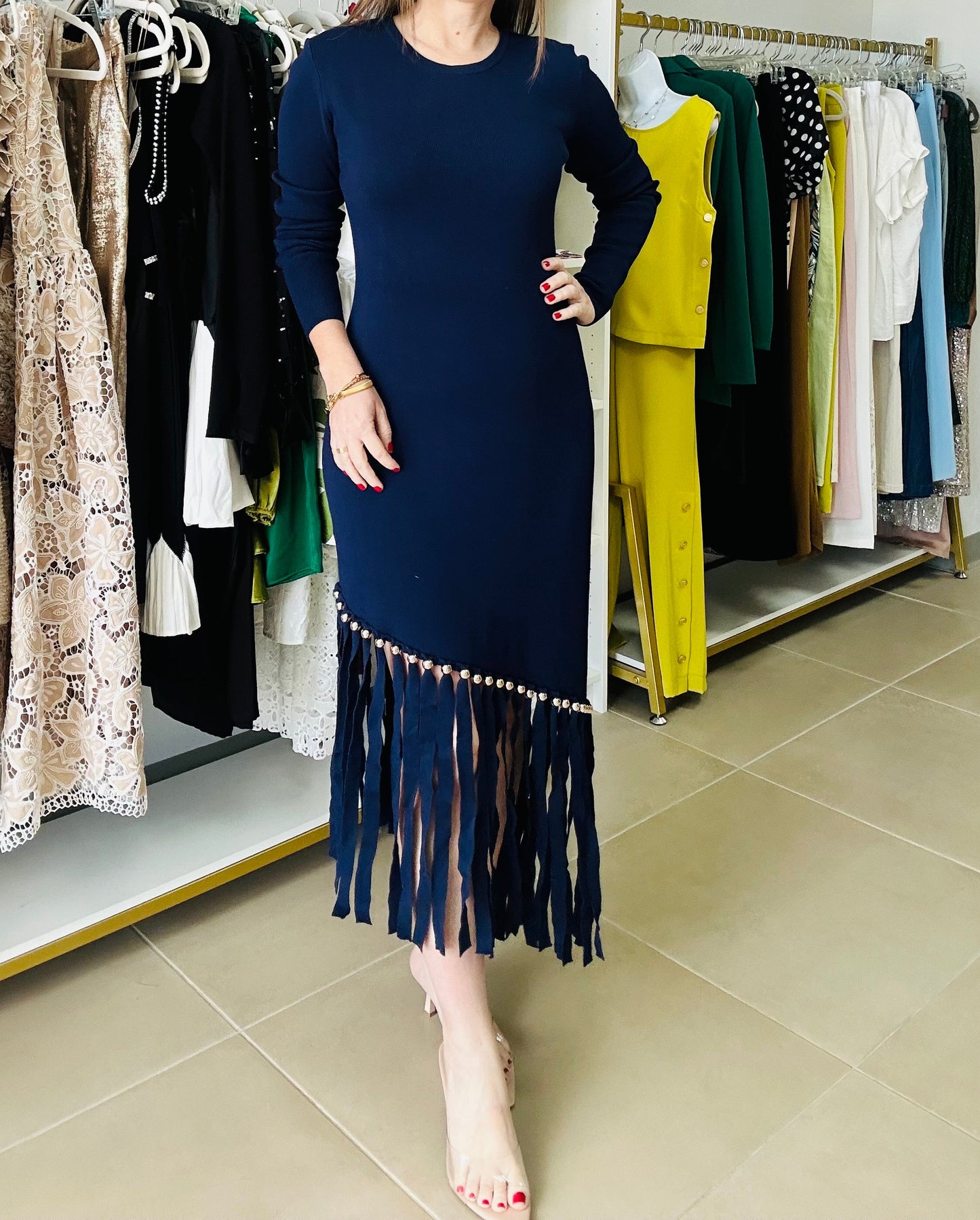 NAVY STRETCH ASYMMETRIC DRESS