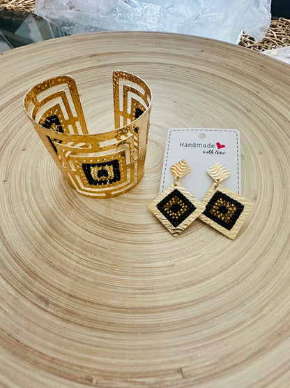 Black Beaded Square Cuff+ Earring Set