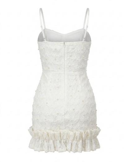 Texture Pearl/ Ruffle hem White Dress