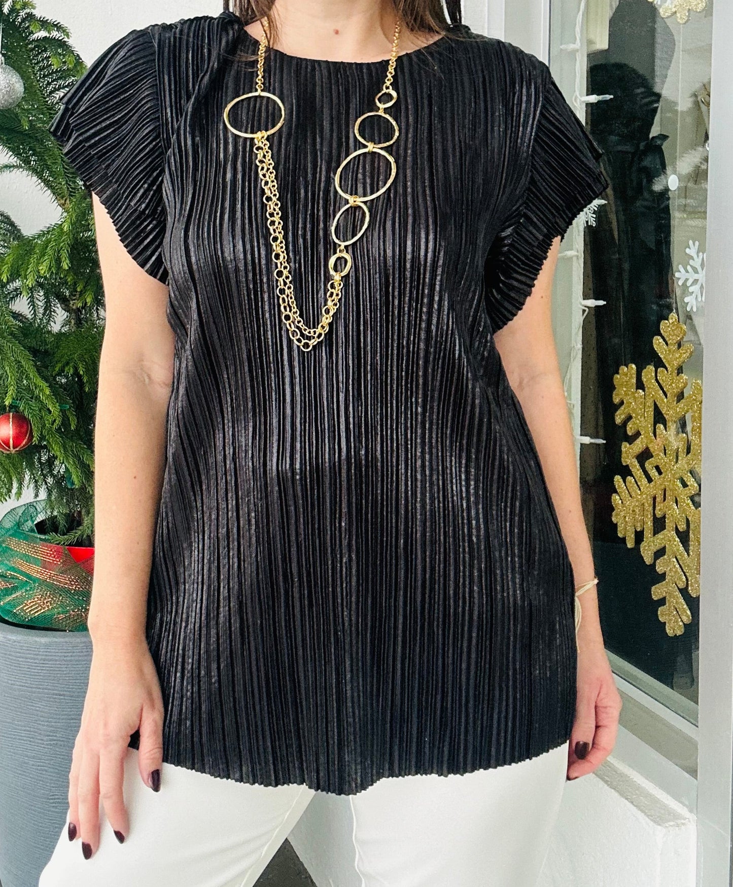 Black Metallic  Pleated Top