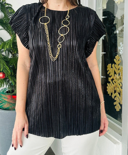 Black Metallic  Pleated Top