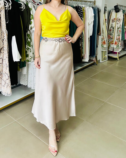 One size Champagne Satin Midi Skirt
