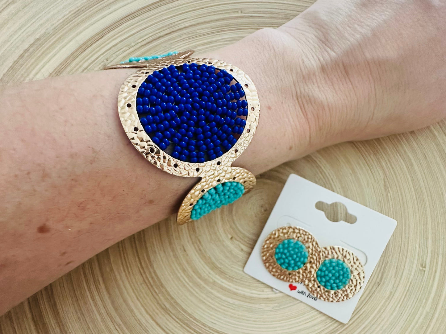 BlueBeaded Cuff +Earrings Set