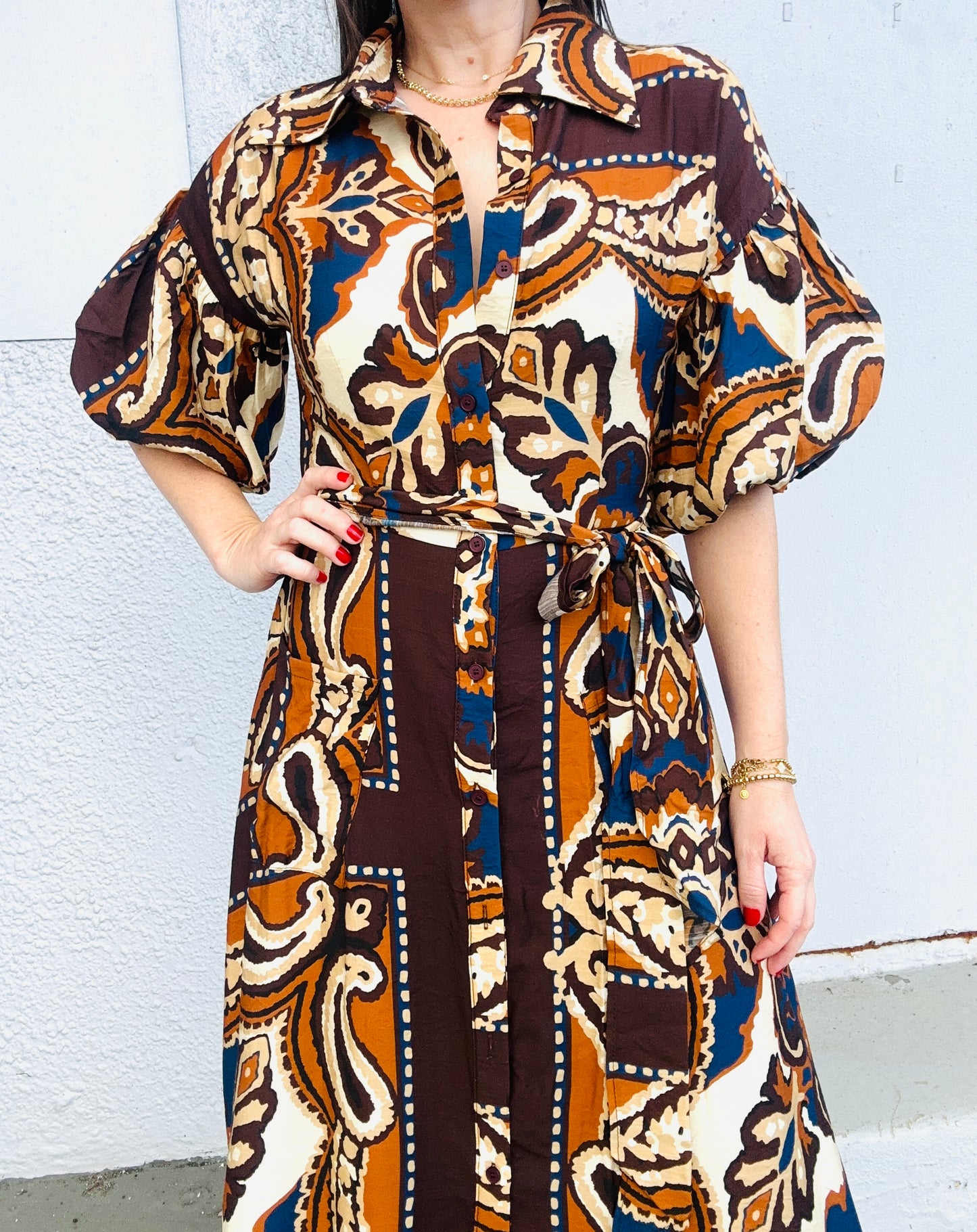 Brown Puff Sleeve Maxi Dress