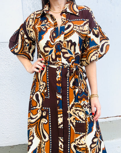 Brown Puff Sleeve Maxi Dress