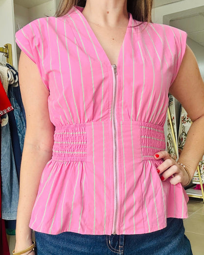 Pink Stripes  Zipper Peplum Top