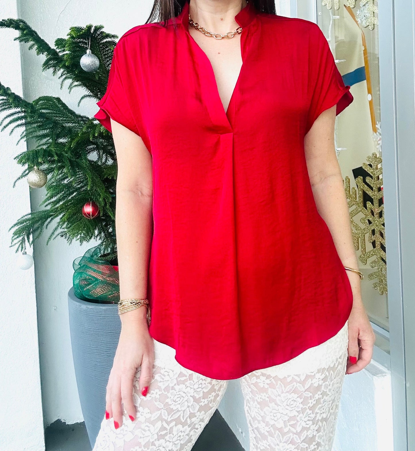 Drop shoulder Red Blouse