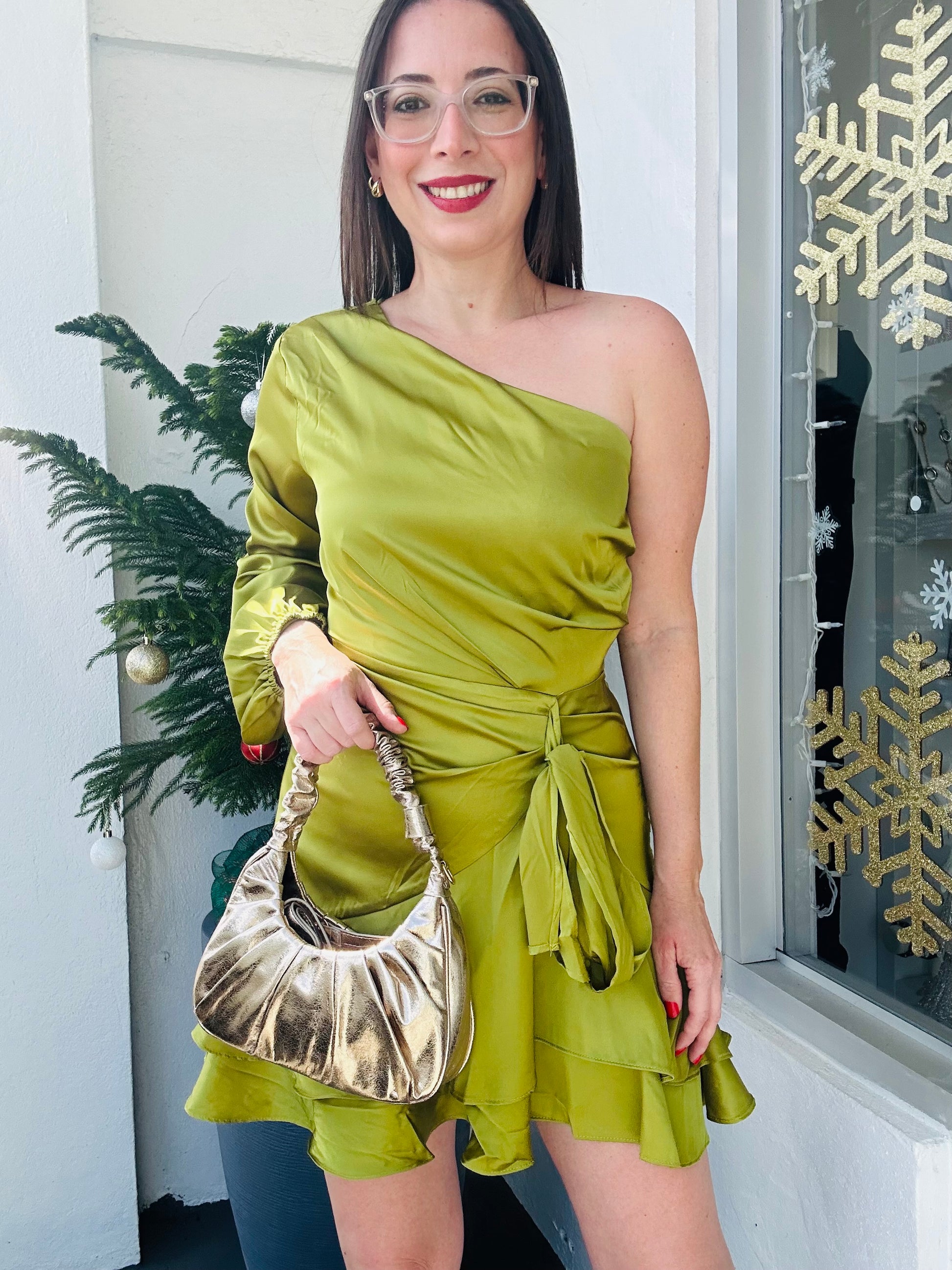 Green Satin Long Sleeve Short Dress Top -Medium Green Satin Long Sleeve Short Dress Top -Medium