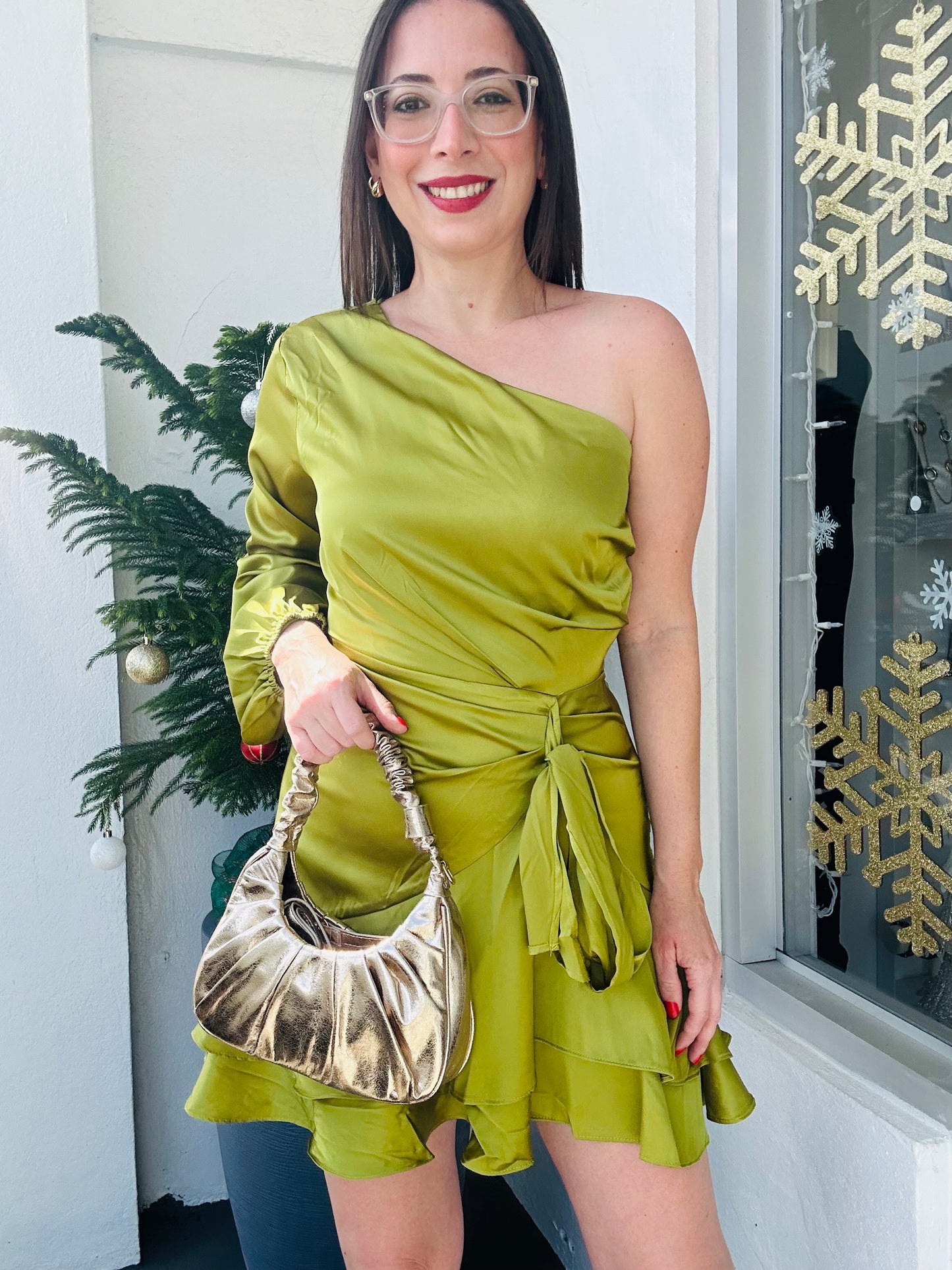 Green Satin Long Sleeve Short Dress