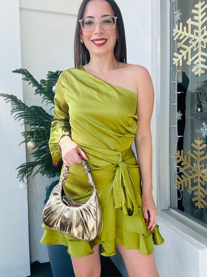 Green Satin Long Sleeve Short Dress