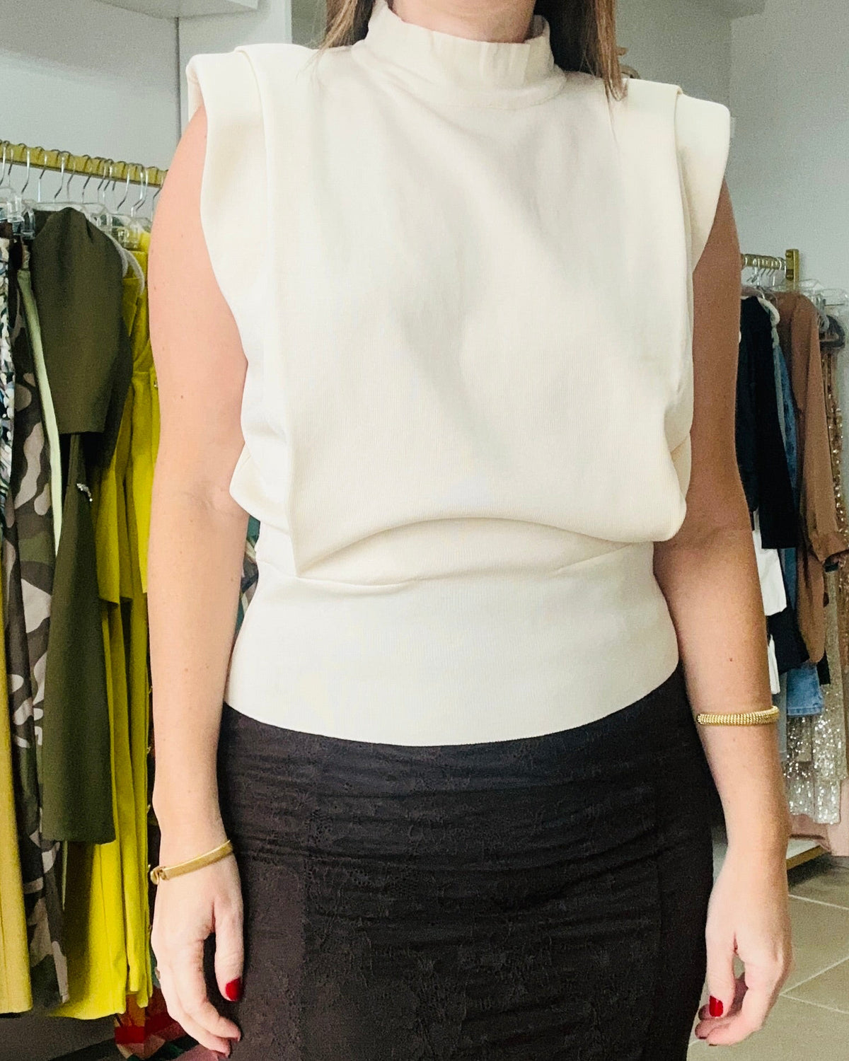 Ivory Padded Shoulder Mock Neck Top