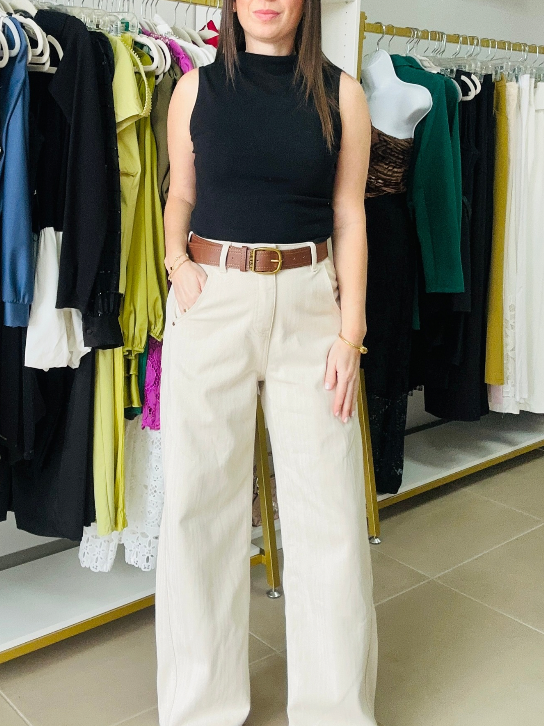 Cream Texture Belted Barrel Jeans