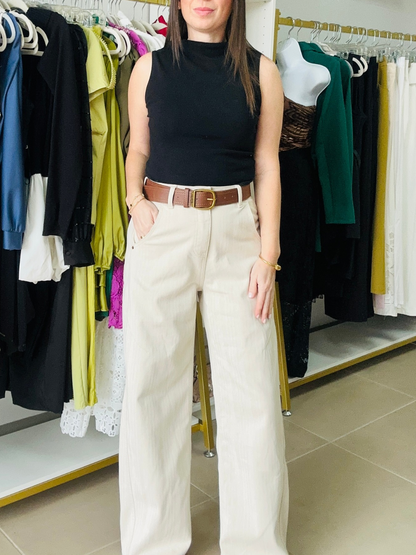 Cream Texture Belted Barrel Jeans