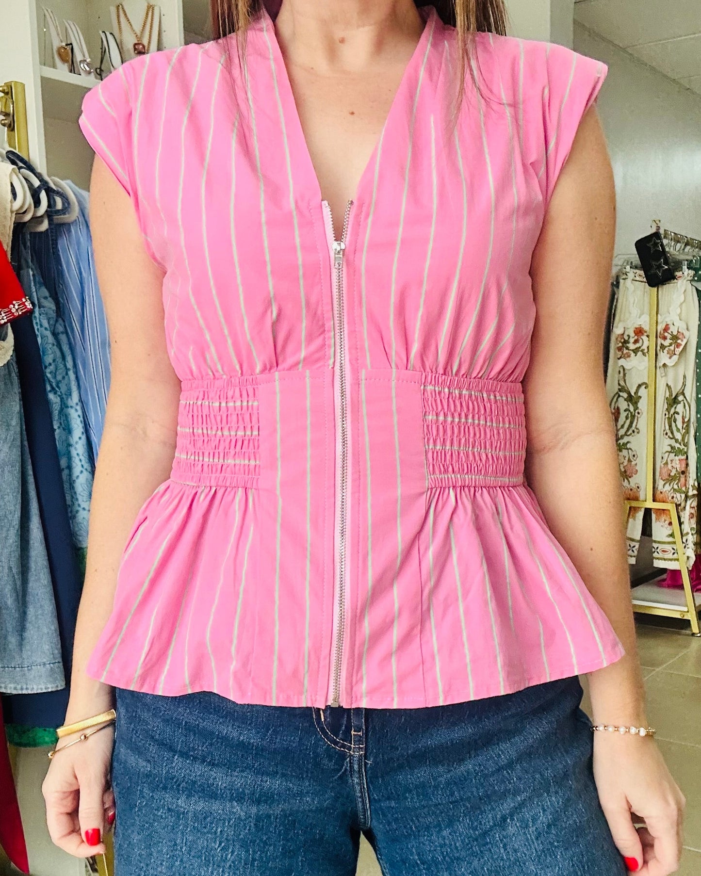 Pink Stripes  Zipper Peplum Top