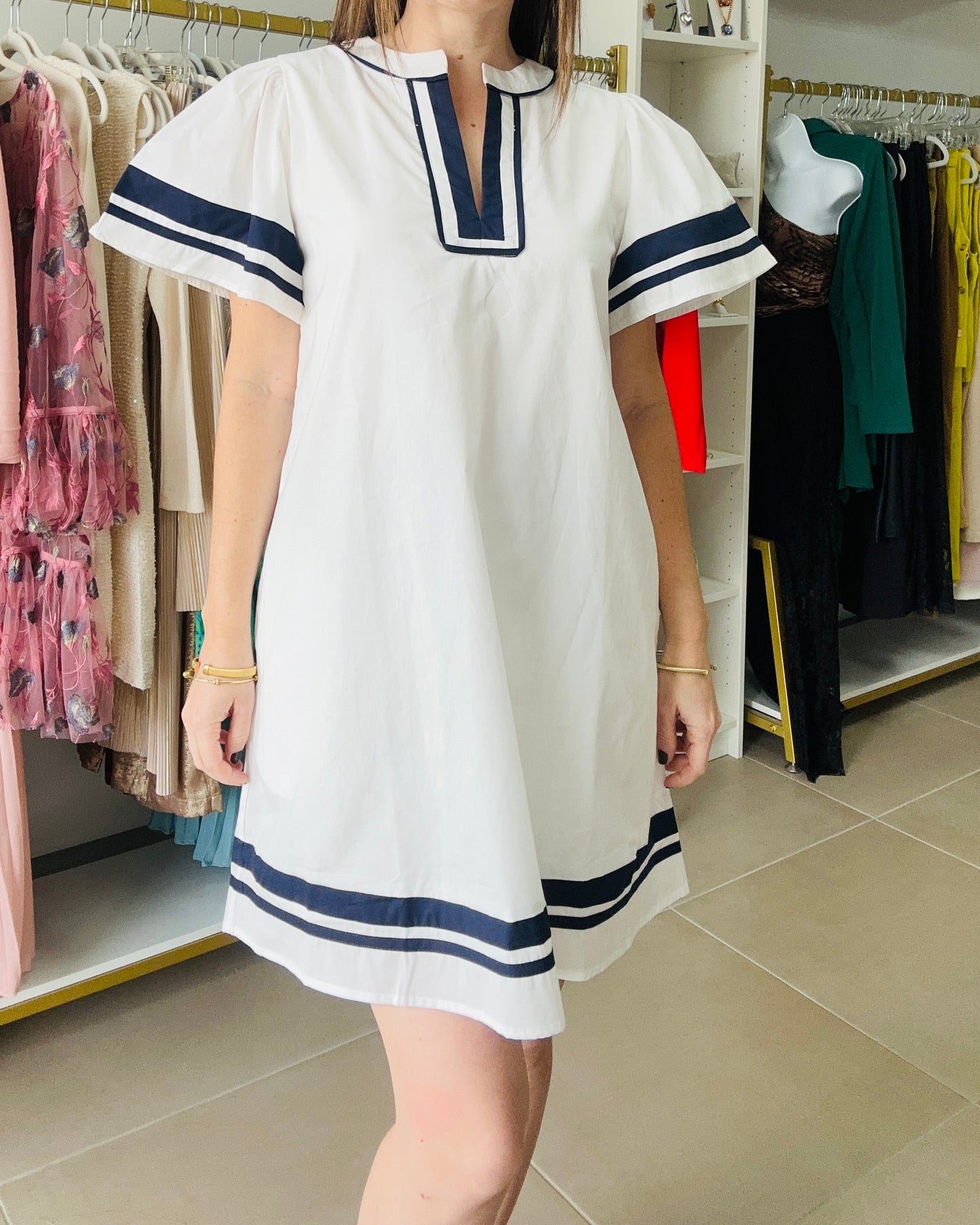 White /Navy A line Dress