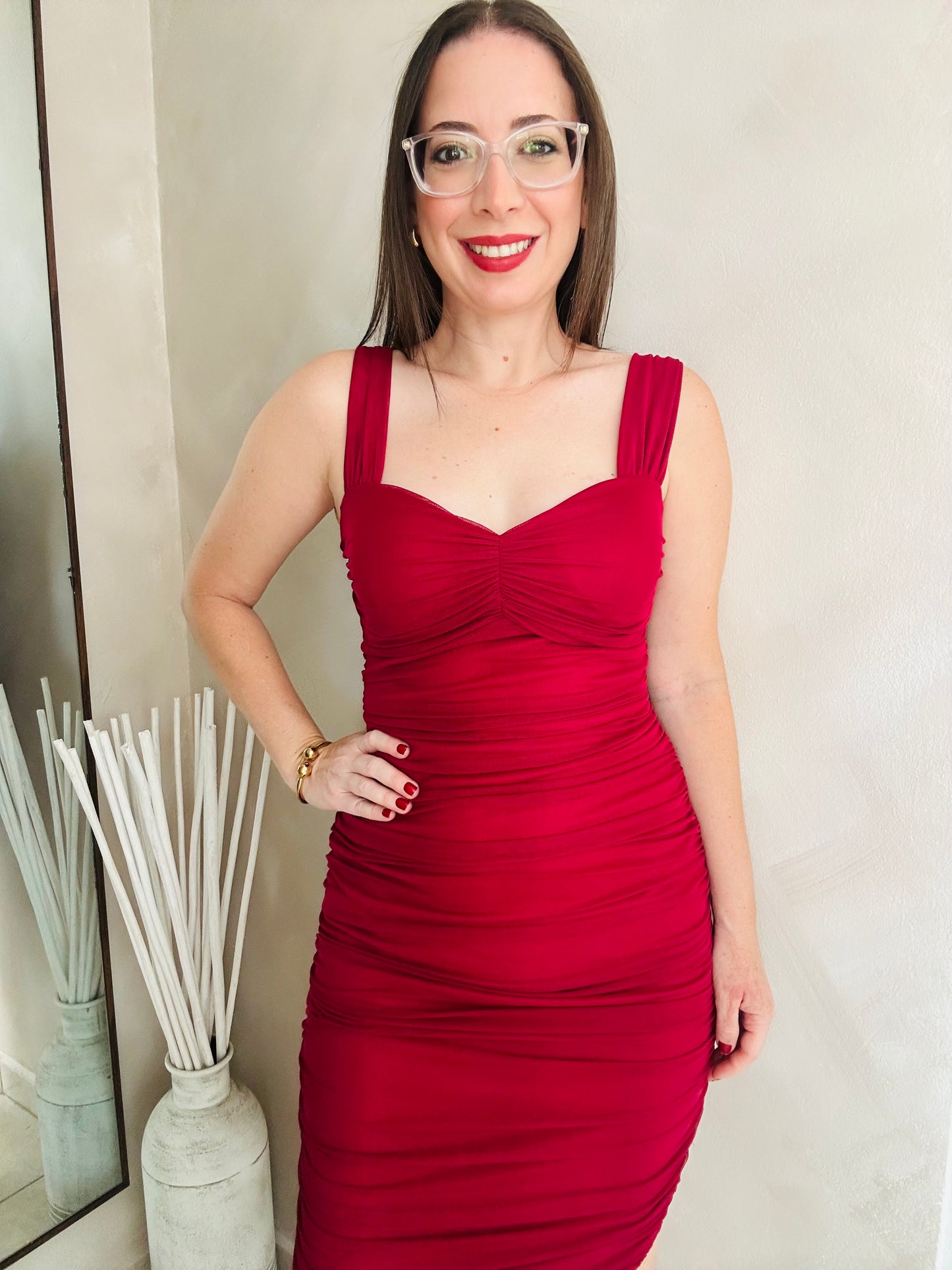 Dark Red Ruched Midi  Dress