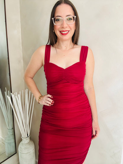Dark Red Ruched Midi  Dress