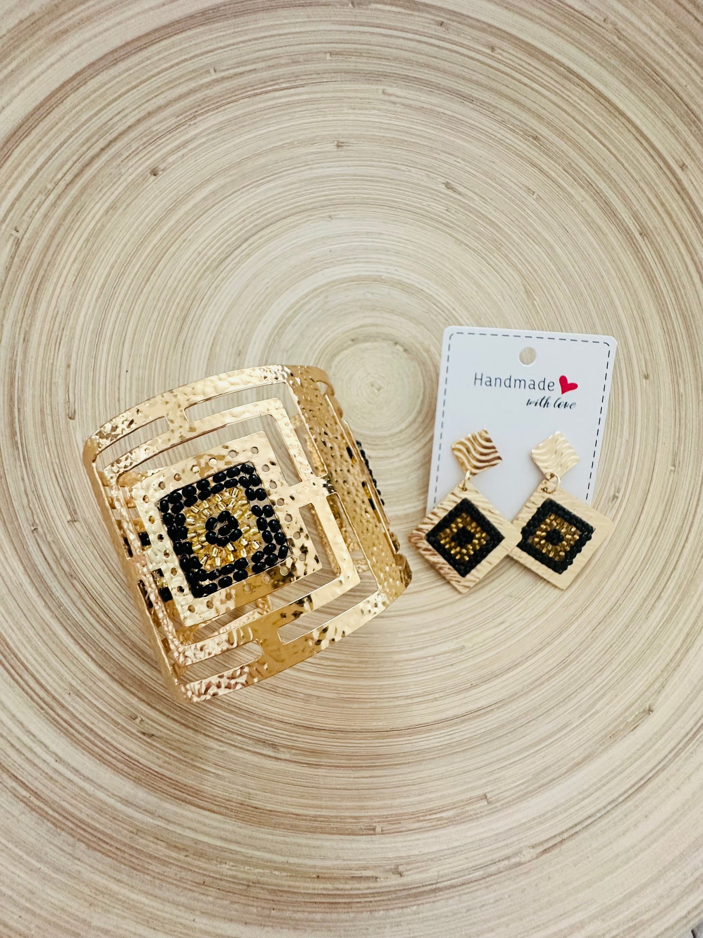Black Beaded Square Cuff+ Earring Set