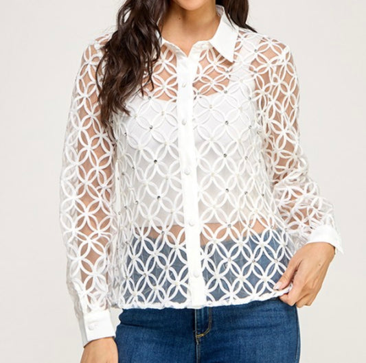 White Sheer Rhinestone Blouse