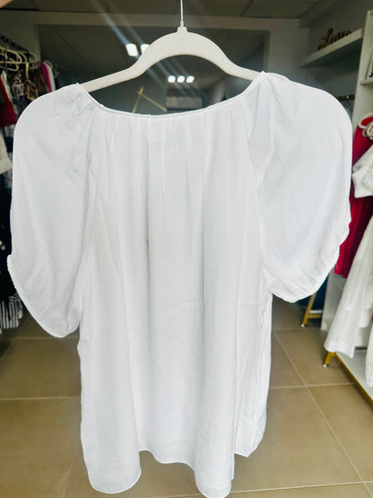 White short Sleeve Blouse with Cord Detail