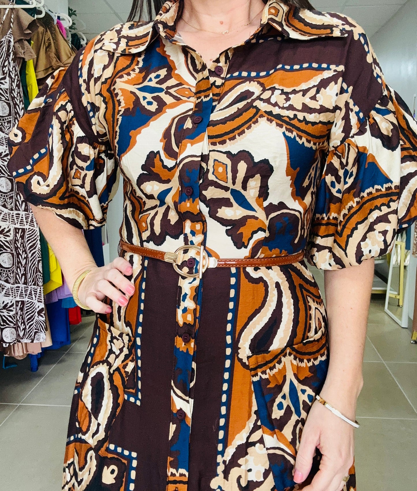 Brown Puff Sleeve Maxi Dress