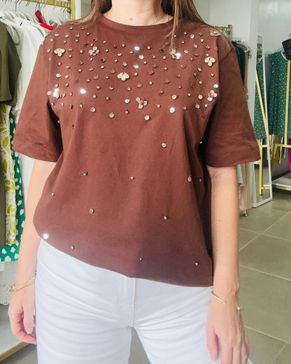 Brown Beaded Sequin Tee
