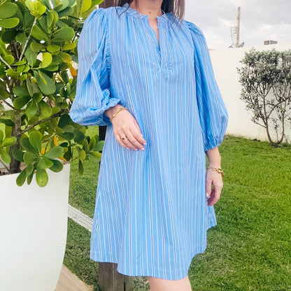 Blue Stripped - Split Neck Dress