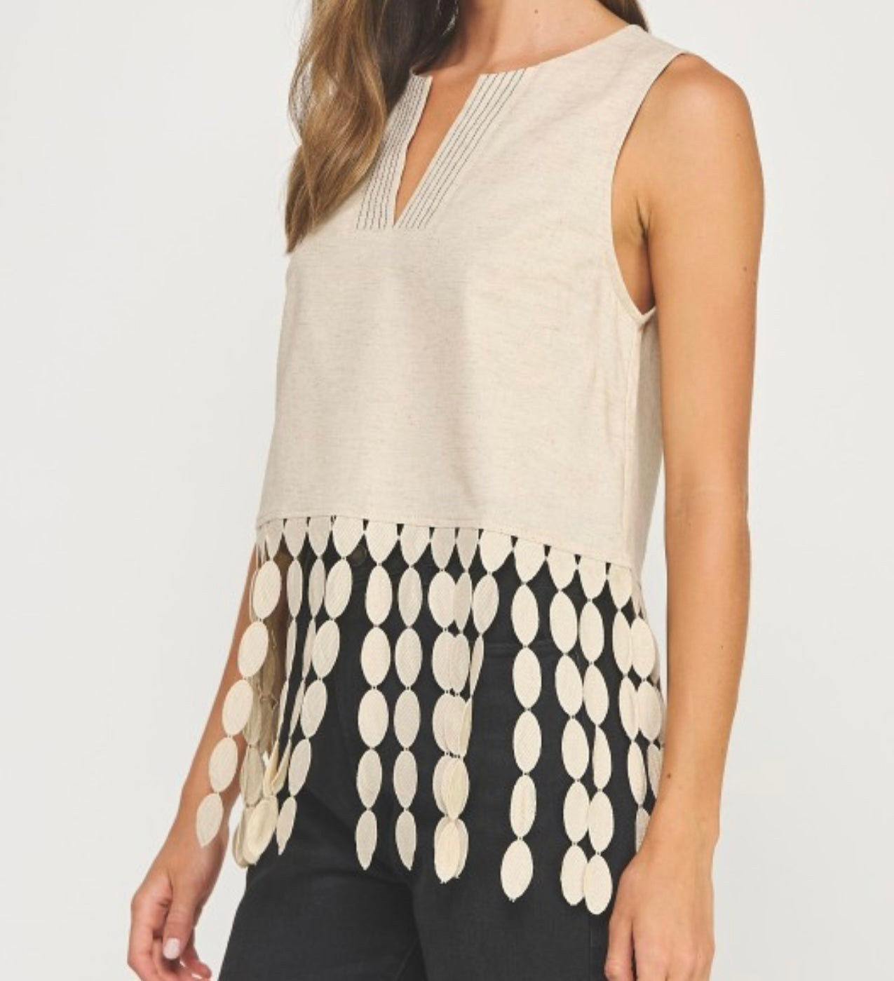 Ligh Taupe doted fringe Linen Top