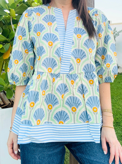 Blue Stripes Contrast Half Sleeve TOP