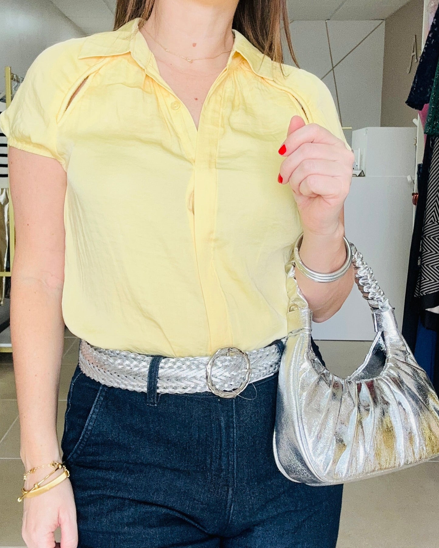 Yellow short Sleeve Blouse Cutout Detail