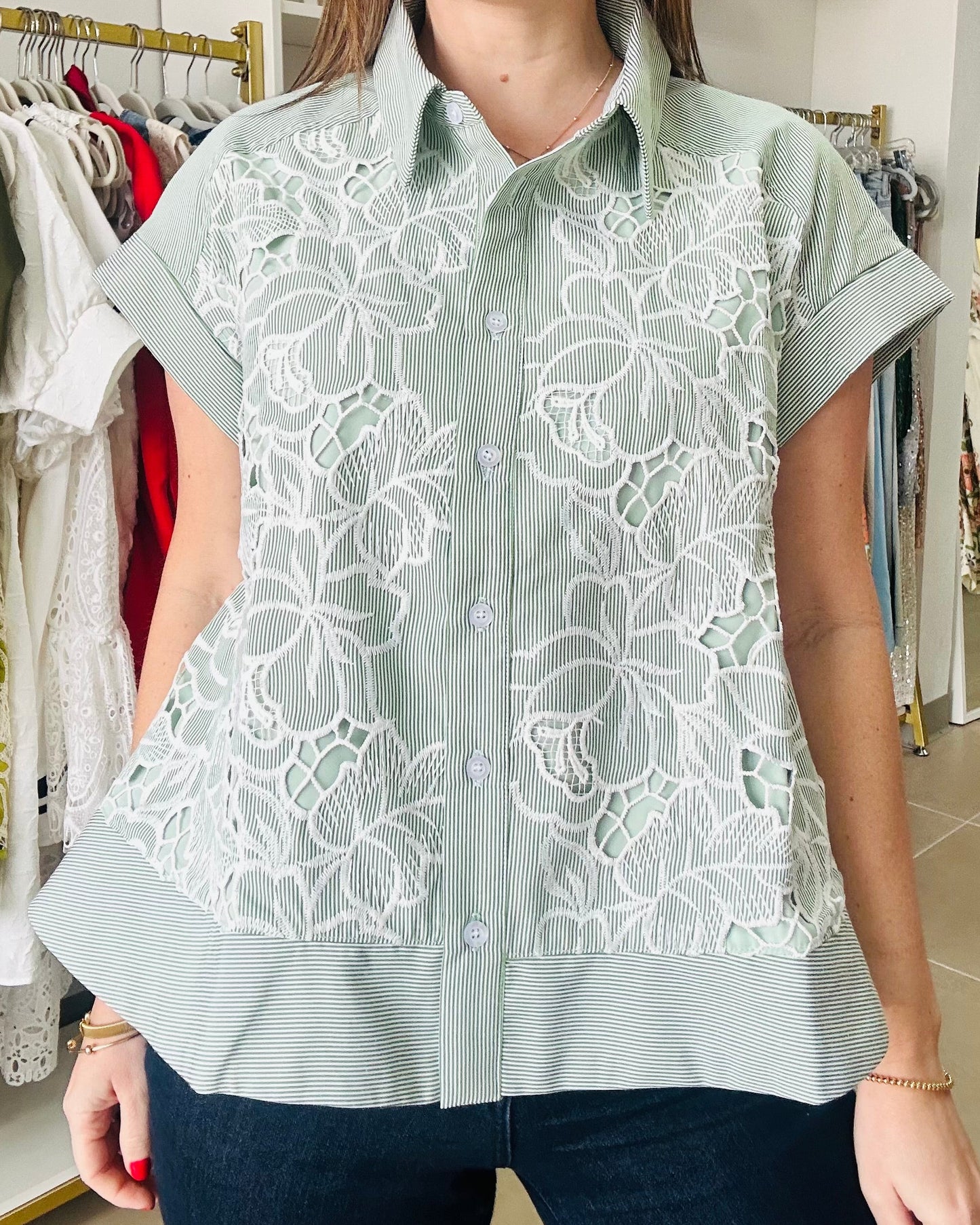 Green Stripes Button down  Top By. Gracia