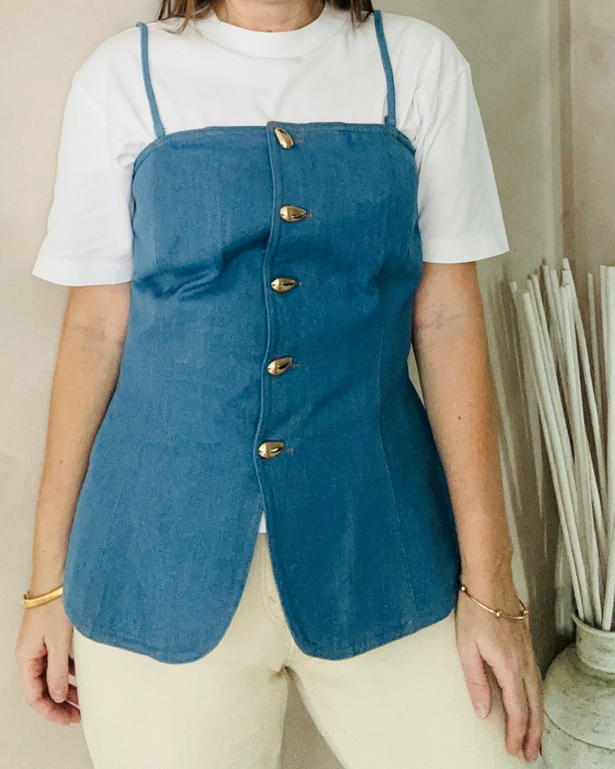 Denim Tube Top with Gold Buttons