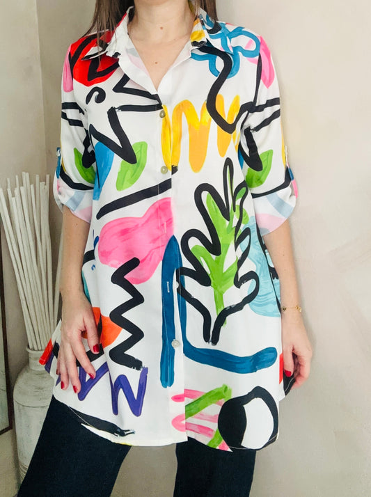 Abstract Colorful Button Down Blouse