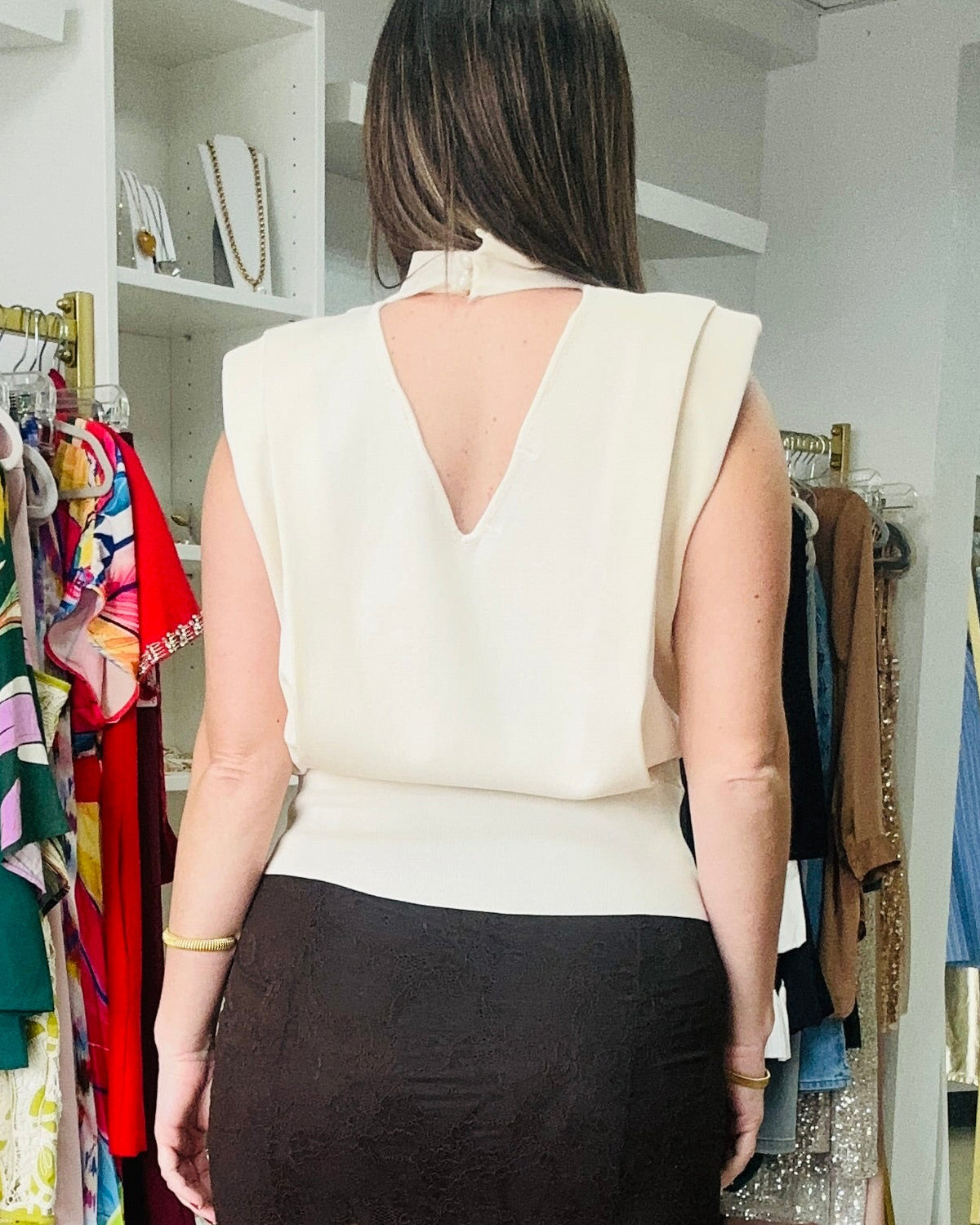 Ivory Padded Shoulder Mock Neck Top