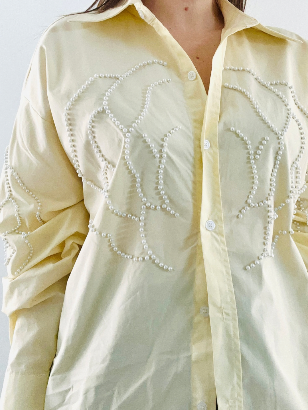 Oversized Pearls Light Yellow Blouse