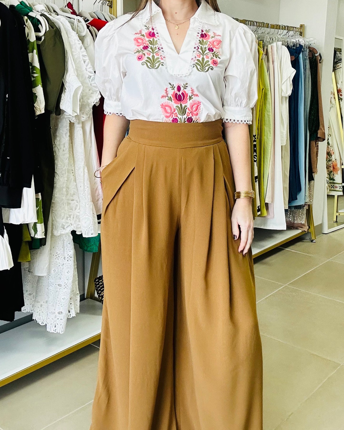 Puff Sleeve Floral Embroidery Off White Top