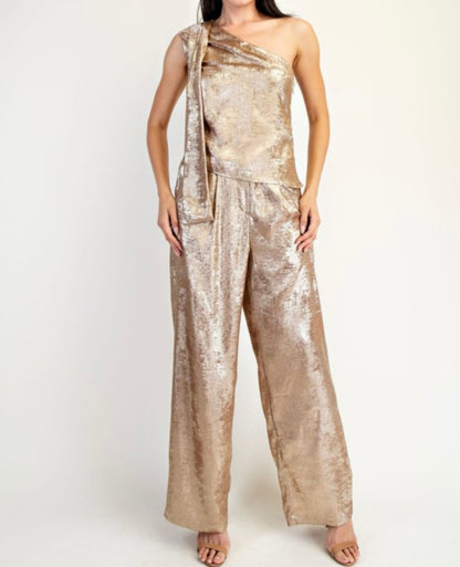 Gold Shimmer One Shoulder Top +Pant Set