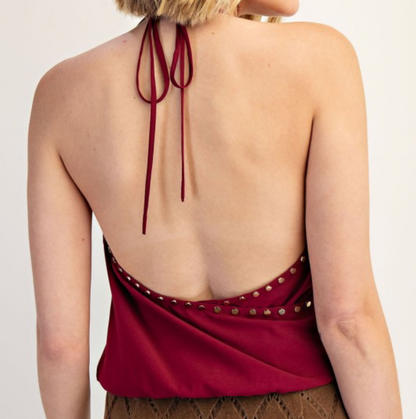 Gold Studs Wine Backless Top