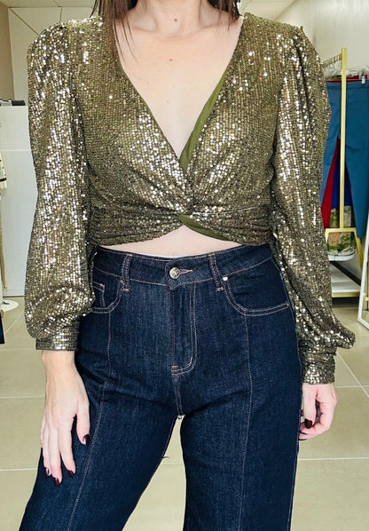 Long Sleeve Antique Gold Sequin Crop Top