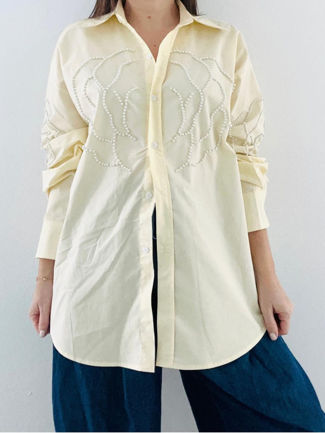 Oversized Pearls Light Yellow Blouse