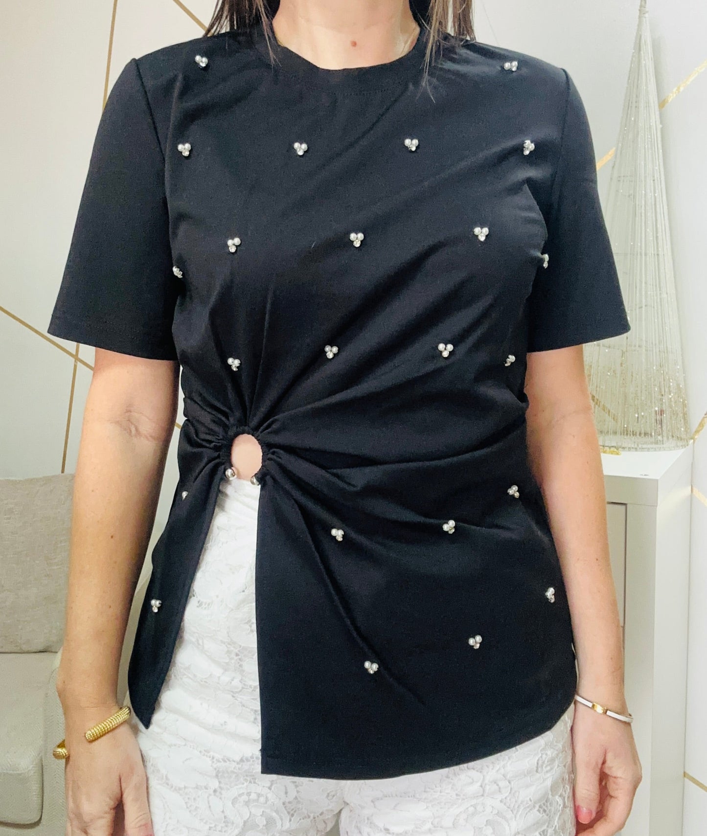 Black Open side Pearls Top