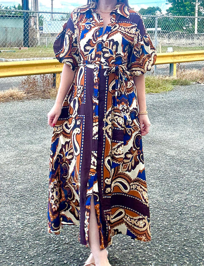 Brown Puff Sleeve Maxi Dress