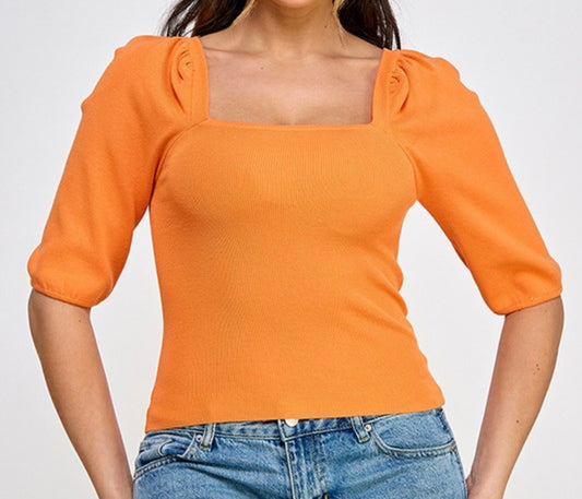 Orange Square Neck Sweater Top