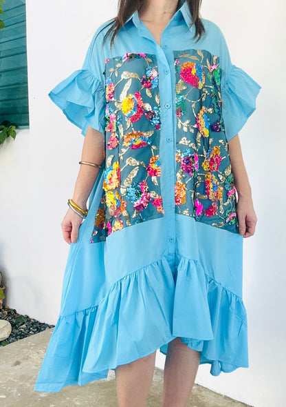 Blue Floral Sequin Midi Oversized Dress